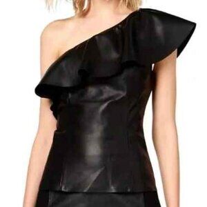 INC International Concepts Size XL Faux-Leather One-Shoulder Top Deep Black